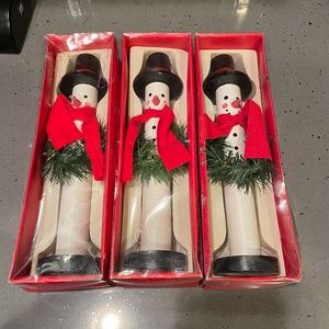 3 wooden snowmen candlesticks